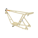 Frame for the Razor Rambler 16 Electric Mini Bike, featuring a white frame with a yellow label and a red handlebar, barcode sticker, and pre-welded mounting plate.