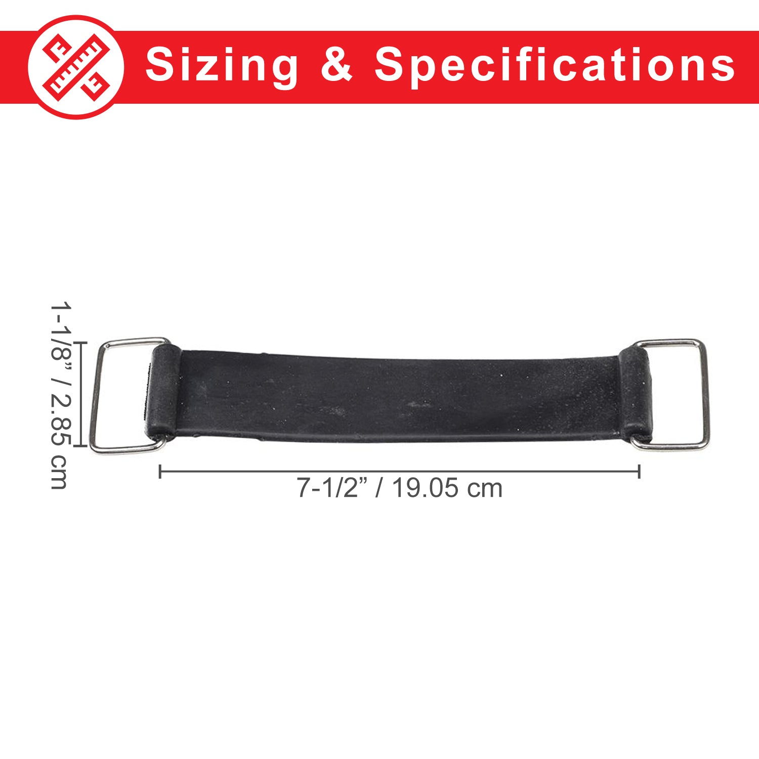 7-1/2 Battery Strap for Go-Karts & Dune Buggies, featuring a black strap with metal rings, designed to securely hold the battery in place for Kandi 110cc models and other compatible vehicles.