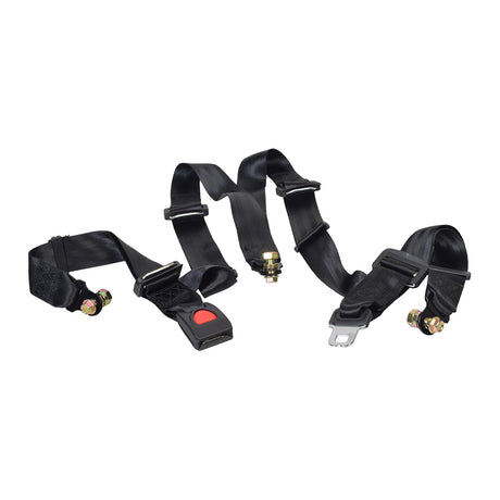 Seat Belt Harness for Kandi 150cc - 250cc Go-Karts & Dune Buggies, featuring a close-up view of multiple black seat belts, a red push-button buckle, and a 3-point attachment system.