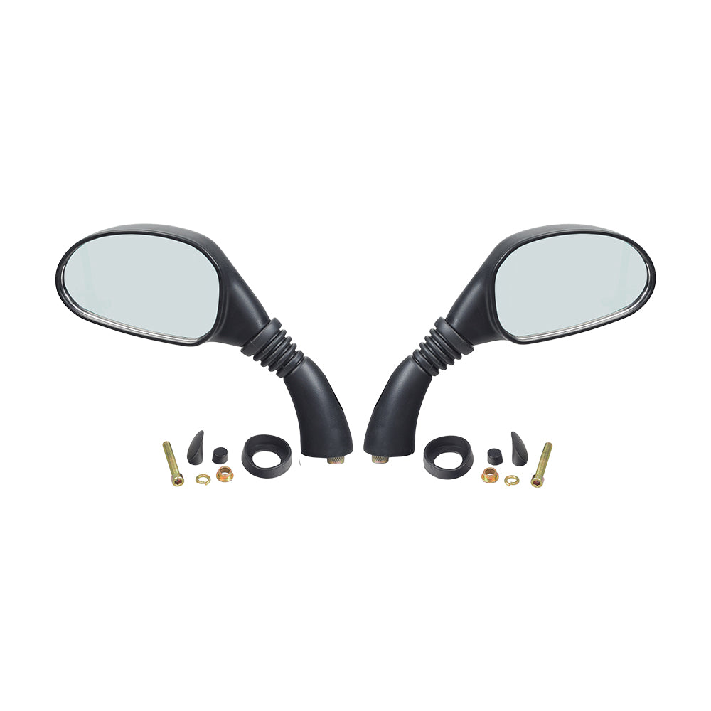 Left & Right Mirror Set for Coleman BK200, Kandi 150GKA-2, 200GKA-2, 250GKA-2, & TaoTao Targa 150 Go-Karts, featuring side mirrors with black handles and accompanying screws and bolts.