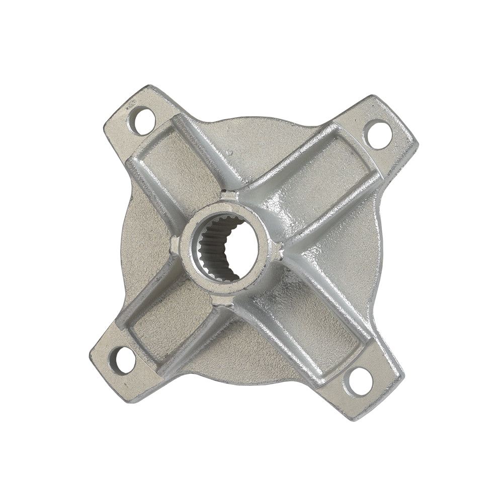 Rear Hub Flange for the Kandi 150FS, 150GKH-2, 150GKA-2, & 250FS Go-Karts; a solid metal component with a central hole and additional surrounding holes, designed for durability and strength.