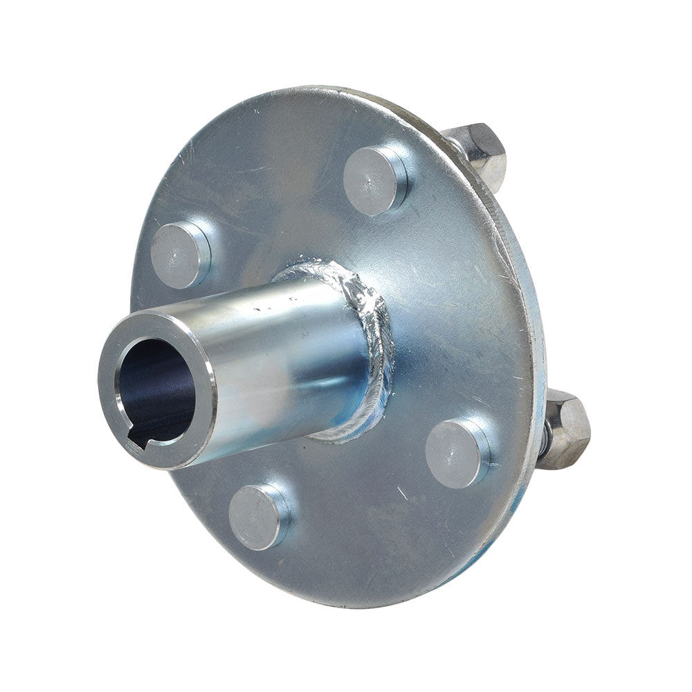 4 x 4 Go-Kart Live Axle Hub with 1 to 3/4 Step-Down, featuring a metal cylindrical design with four lug nuts and a milled inner bore for a 1/4 axle key.