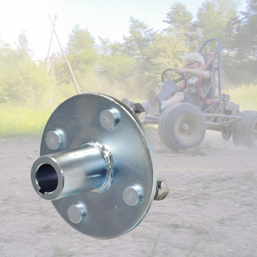 Boy driving a go-kart with visible 4 x 4 Go-Kart Live Axle Hub featuring four lug nuts on 8 wheels, highlighting the 1 to 3/4 step-down axle shaft design.