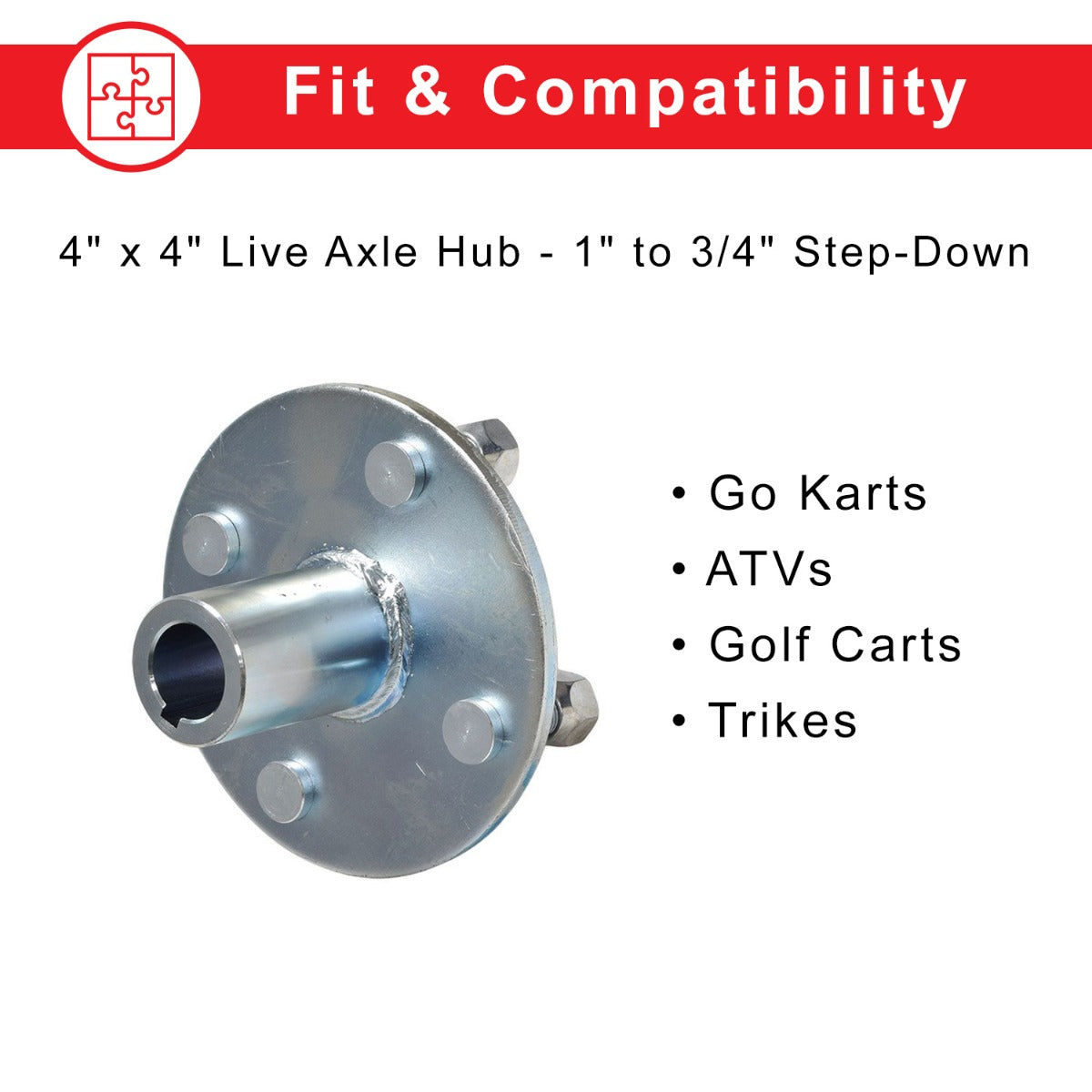 4 x 4 Go-Kart Live Axle Hub with 1 to 3/4 Step-Down, featuring a metal wheel with four lug nuts and a milled inner bore for a 1/4 axle key.