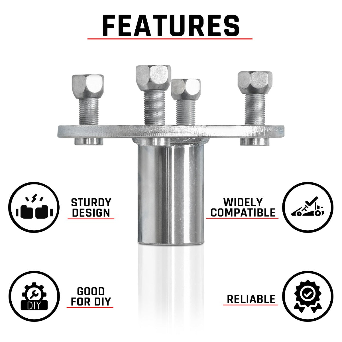 4 x 4 Go-Kart Live Axle Hub with 1 to 3/4 Step-Down (Blemished), showcasing a metal hub with four lug nuts and bolts, and a close-up of the milled inner bore.