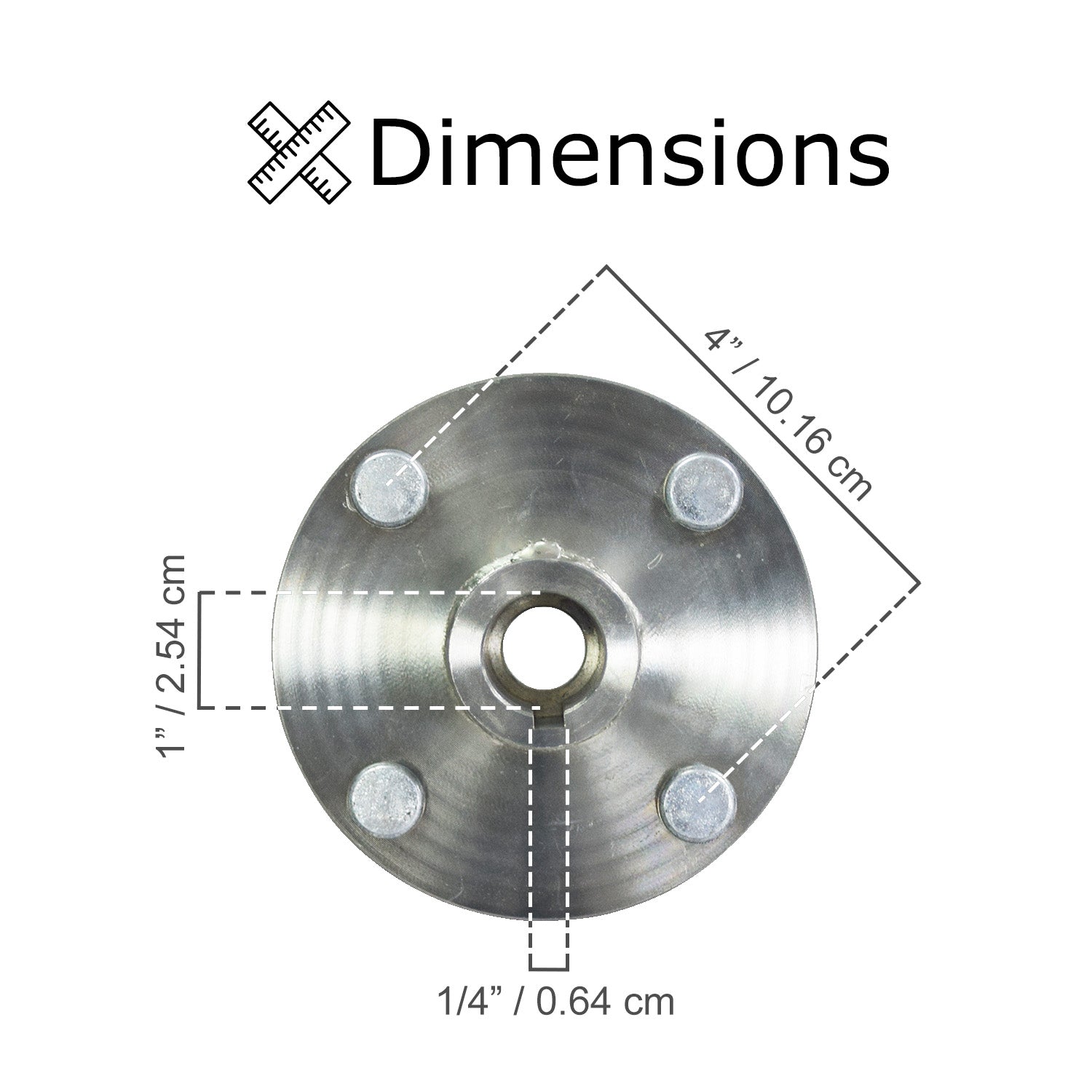 4 x 4 Go-Kart Live Axle Hub with 1 to 3/4 Step-Down, featuring a circular metal design with a central hole, four lug nuts, and inner bore milled for a 1/4 axle key.