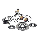 Close-up of the Brake Kit with Master Cylinder, Calipers, & Hoses for Go-Karts, highlighting the disc brake and master cylinder components essential for 150cc go-kart models.