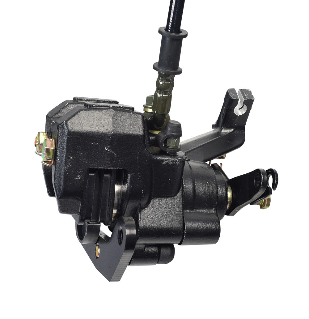 Brake Kit with Master Cylinder, Calipers, & Hoses for Go-Karts. Features black mechanical components including master cylinder, calipers, and hoses. Ideal for 150cc go-karts; some parts missing.