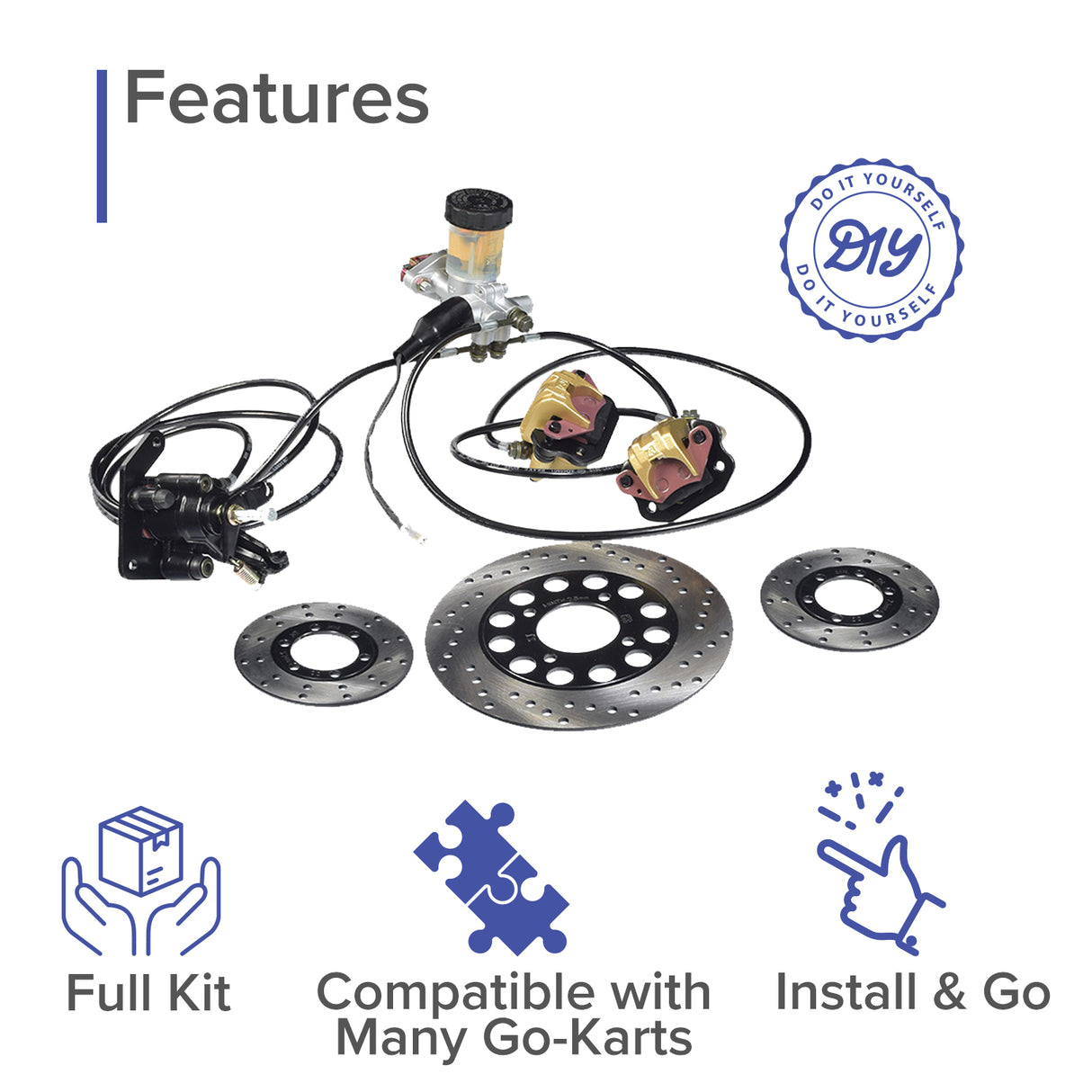 Close-up of the Brake Kit with Master Cylinder, Calipers, & Hoses for Go-Karts, showing the metal discs, calipers, and brake system components.