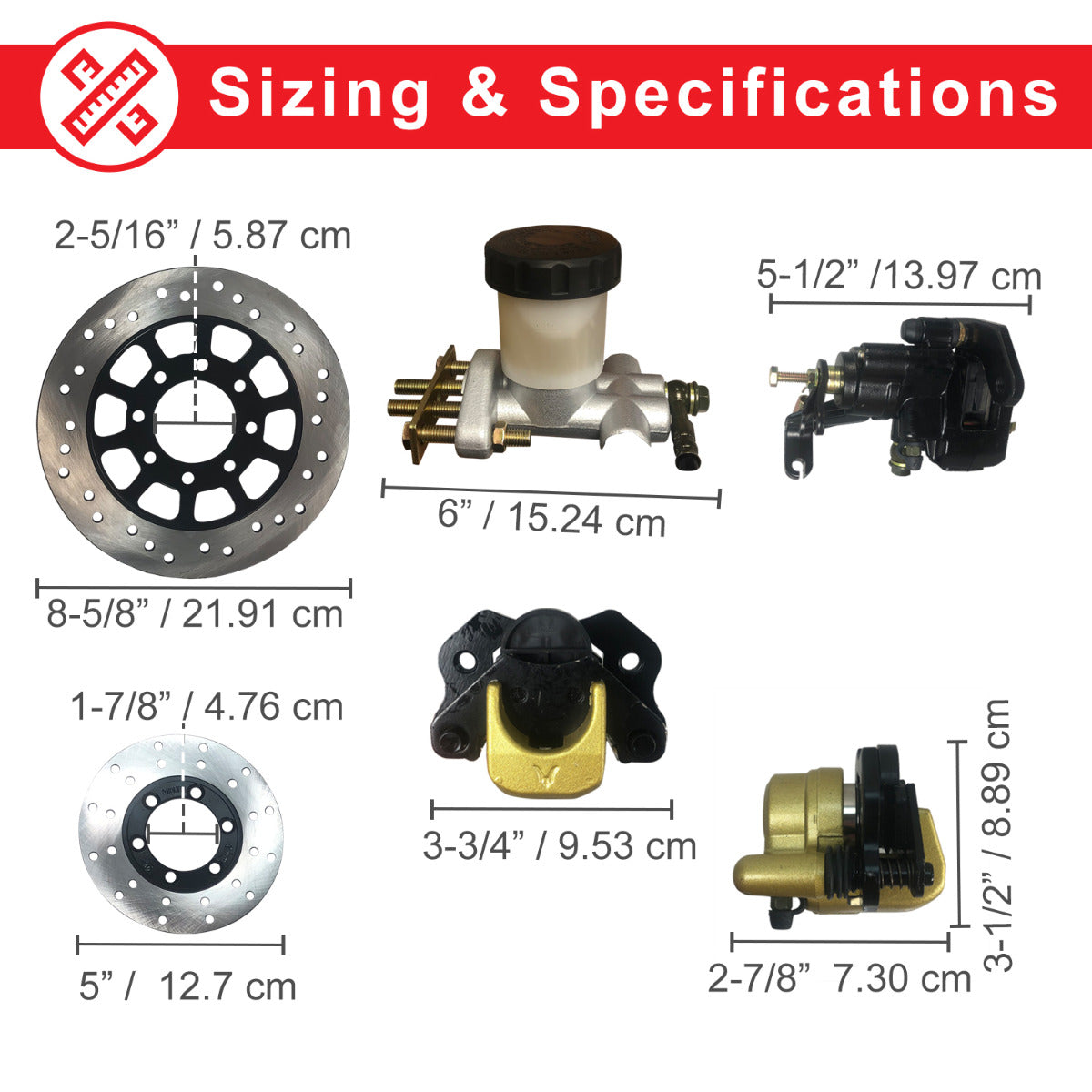 Brake Kit with Master Cylinder, Calipers, & Hoses for Go-Karts featuring circular metal objects with holes, black mechanical devices, and various brake parts, including discs and hoses, arranged together.