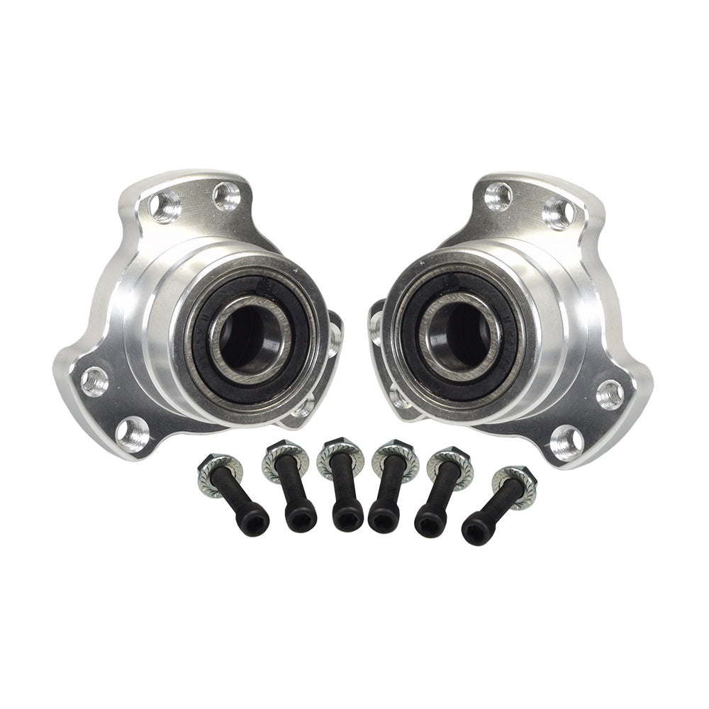 5/8 Wheel Hub with Bearings & Hardware for Go-Karts (Set of 2), featuring close-up view of metal hubs, screws, and bearings. Ideal for go-karts, dune buggies, and other powersports models.