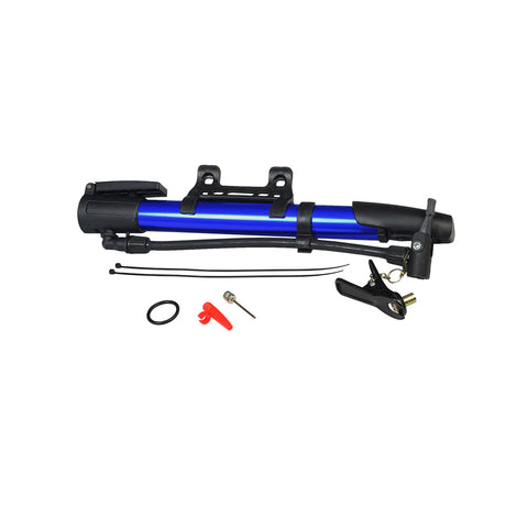 Compact Frame Mount Bike Tire Air Pump for Bicycles & Scooters with a black rubber grip, metal clip, and essential tools, ideal for bike, scooter, and inflatable toy repairs.