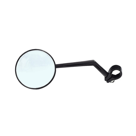 Handlebar Mount Rearview Mirror with a black plastic handle and clamp-on holder, designed for 7/8 diameter handlebars, providing a clear rear view for various vehicles.