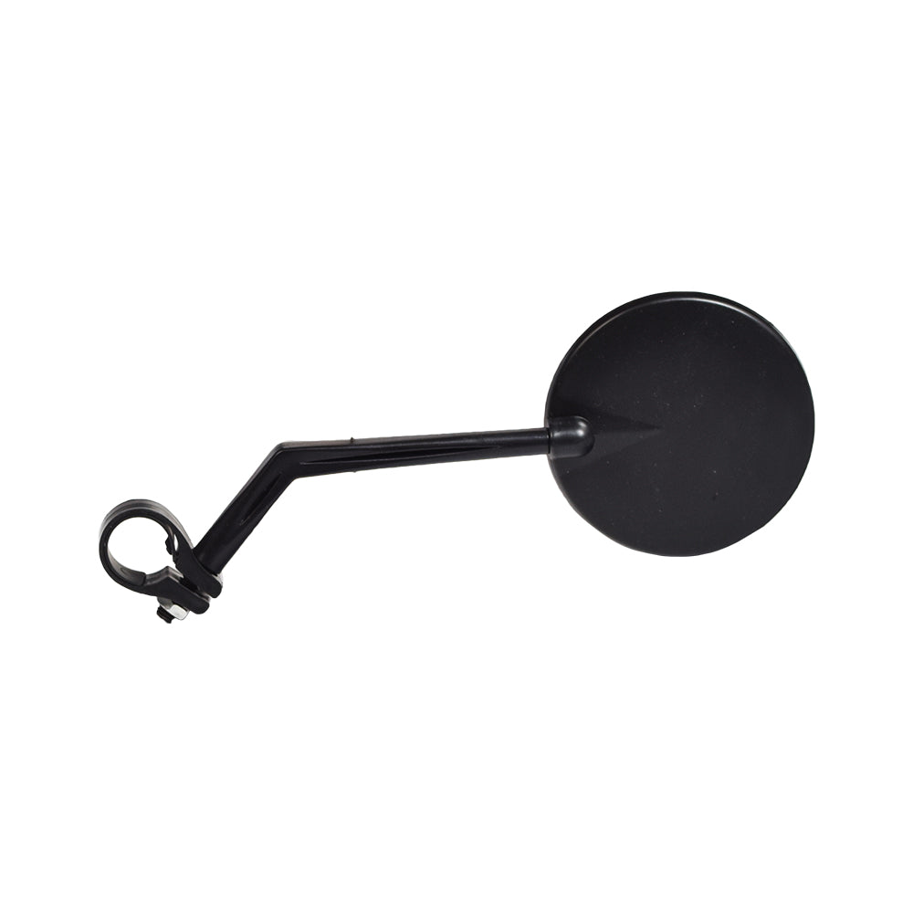 Handlebar Mount Rearview Mirror: A black mirror with a handle, designed for handlebars. Ideal for scooters, electric bicycles, and ATVs. Economical yet effective, fits standard 7/8 diameter bars.