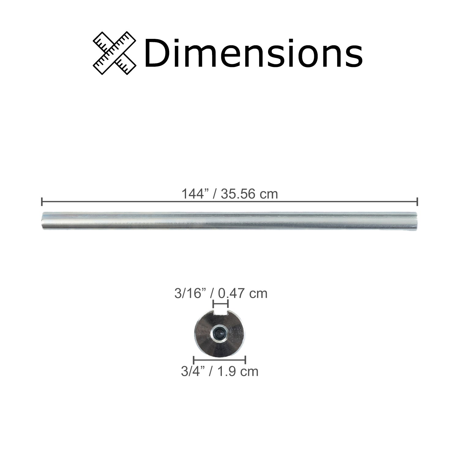 3/4 x 14 Jackshaft with 3/16 Keyway for Go-Karts & Mini Bikes; close-up shows the solid steel shaft with a round metal nut and keyway cut along its entire length.