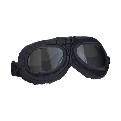 Cruiser Style Scooter Goggles with black frame and adjustable straps, designed for eye protection against elements while riding. Suitable for open-face helmets, featuring anti-UV lenses and foldable ABS frame.