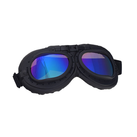 Cruiser Style Scooter Goggles with black frame and blue lenses, designed for eye protection while riding. Features include anti-UV, foldable design, adjustable strap, and ABS frame for stylish and practical use.