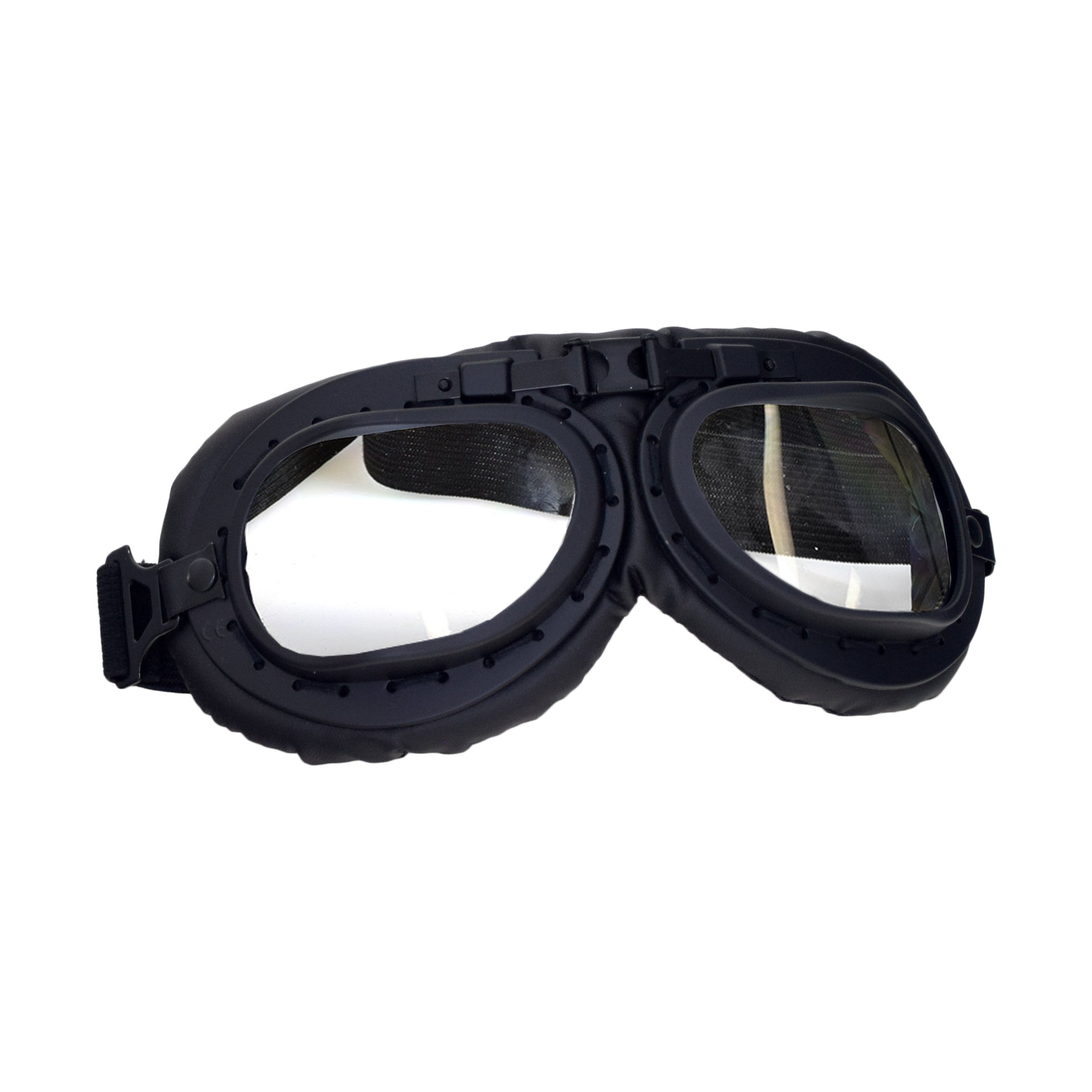 Cruiser Style Scooter Goggles with black straps and metal frames, designed for eye protection against dust, wind, and sunlight. Features include an adjustable elastic strap and foldable ABS frame.