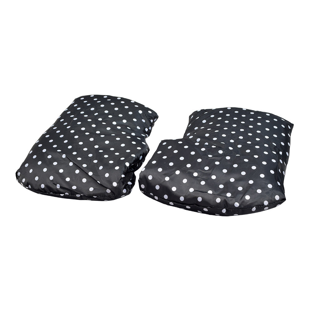 Waterproof Hand Mitts for Scooters, ATVs, & Bikes featuring a black and white polka dot design, secured with ribbon ties to handlebars, providing insulated warmth for hands during cold rides.