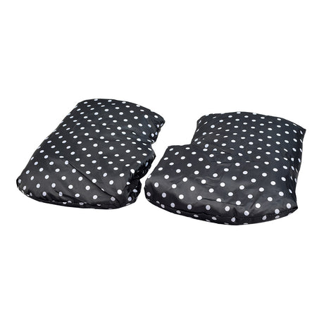 Waterproof Hand Mitts for Scooters, ATVs, & Bikes featuring a black and white polka dot design, secured with ribbon ties to handlebars, providing insulated warmth for hands during cold rides.