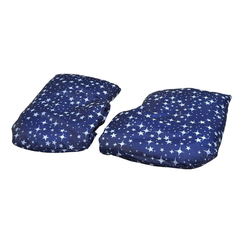 Waterproof Hand Mitts for Scooters, ATVs, & Bikes featuring a blue heart-shaped design with white stars. These mitts attach to handlebars, providing warmth and protection during cold rides.