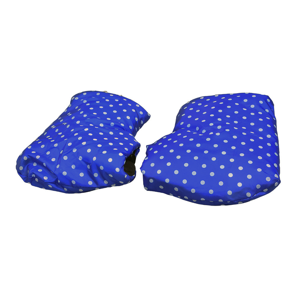 Waterproof Hand Mitts for Scooters, ATVs, & Bikes shown in a blue and white polka dot design. These handlebar mittens attach with ribbon ties for cold-weather rides.