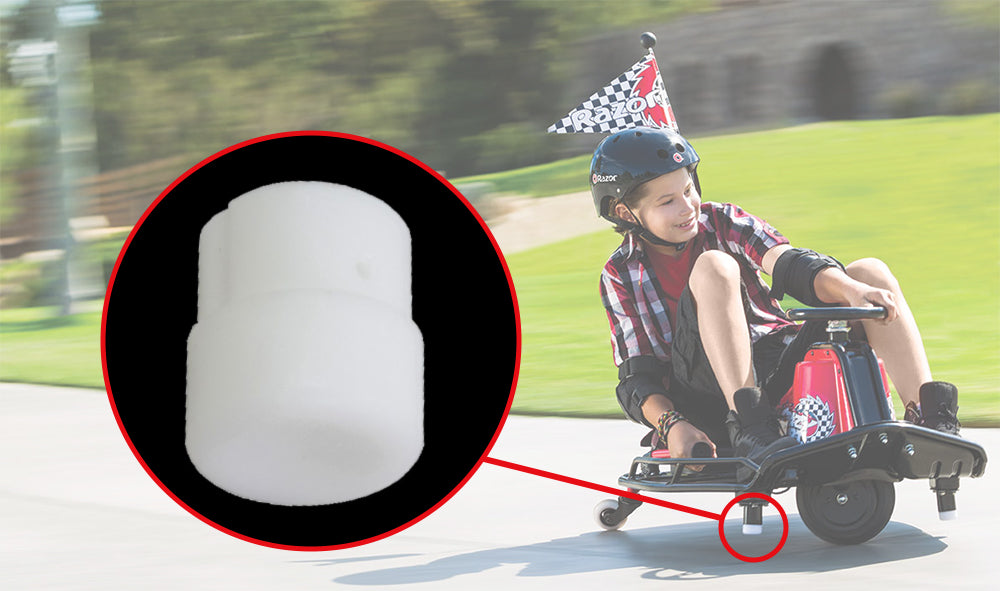 Child riding a Razor Crazy Cart, showcasing the Plastic Tip for the Stabilizing Post, enhancing safety for riders of Versions 1 and up.