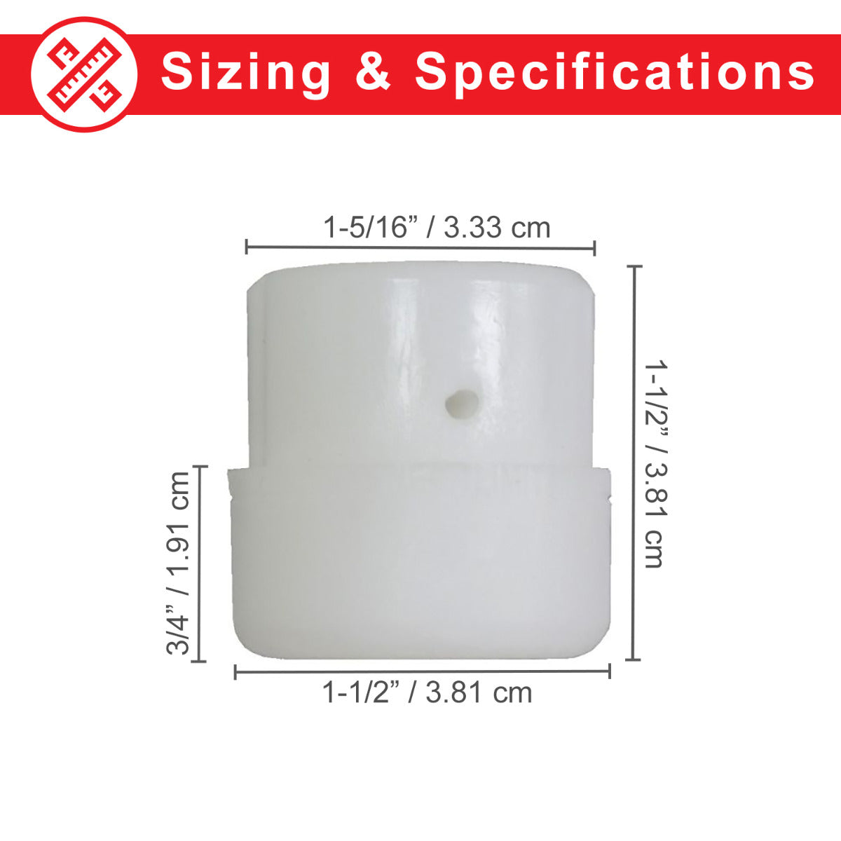 Plastic Tip for the Stabilizing Post on the Razor Crazy Cart (Versions 1+); shows a white plastic cylinder with size markings and a nozzle, enhancing rider safety.