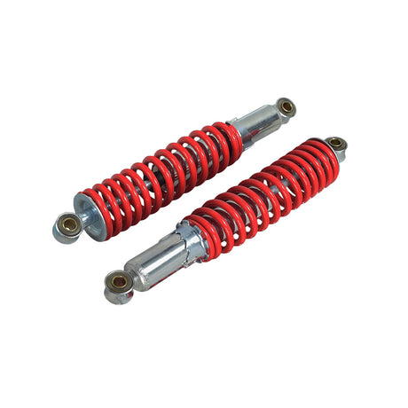 12 Adjustable Shocks for Go-Karts & Mini Bikes (Set of 2) featuring red and silver shock absorbers with coil springs, designed for a smoother ride on various models.