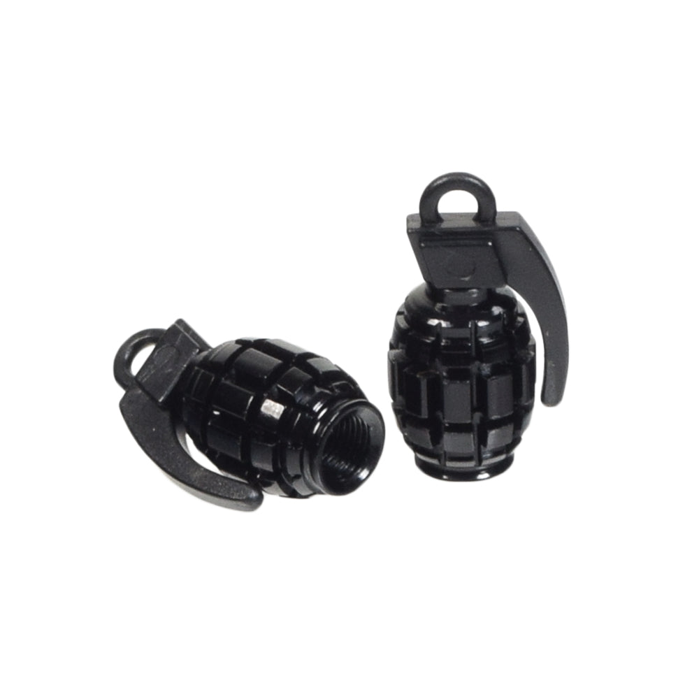 Grenade Valve Stem Cap Set (Set of 2) featuring a close-up of a black, knurled-textured grenade-shaped cap, designed to fit Schrader valves on bikes or scooters for added personal flair.