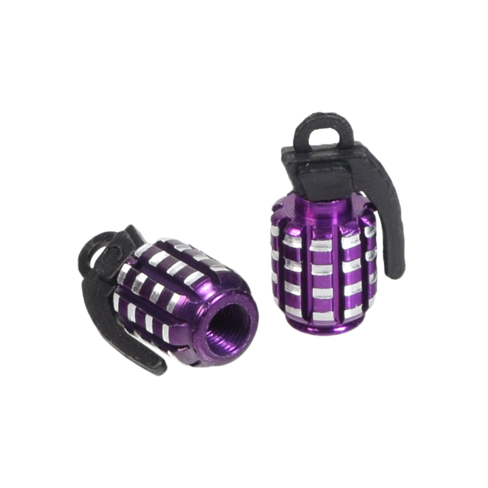 Grenade Valve Stem Cap Set (Set of 2) featuring a knurled texture for better grip, designed to fit over Schrader valves, adding a unique flair to your bike or scooter.