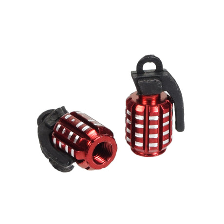 Close-up of the Grenade Valve Stem Cap Set (Set of 2), showcasing the knurled texture and grenade shape designed to fit over Schrader valves, enhancing grip and adding a unique flair to bikes or scooters.