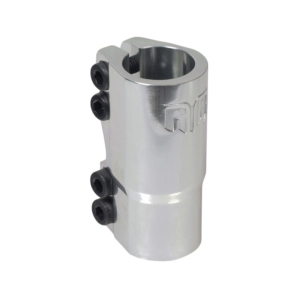 Raptor 31.8 mm XTR V2 Clamp for Kick Scooters, a silver metal cylinder with four black screws, showcasing robust design and increased wall thickness.