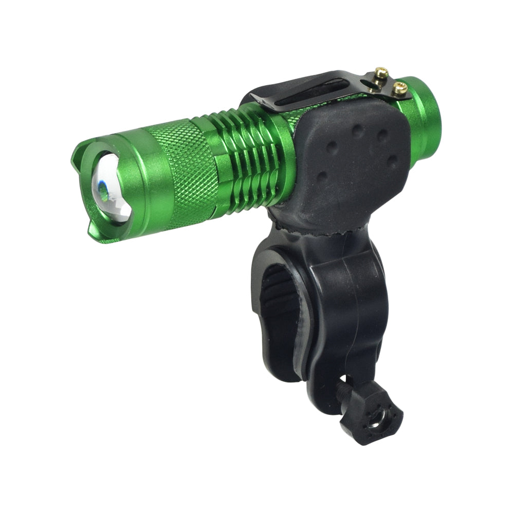 Cree Q5 UltraFire Aluminum LED Handlebar Light for Bikes & Scooters, featuring a robust black handlebar bracket and green flashlight, designed for high performance with adjustable 360-degree mounting.