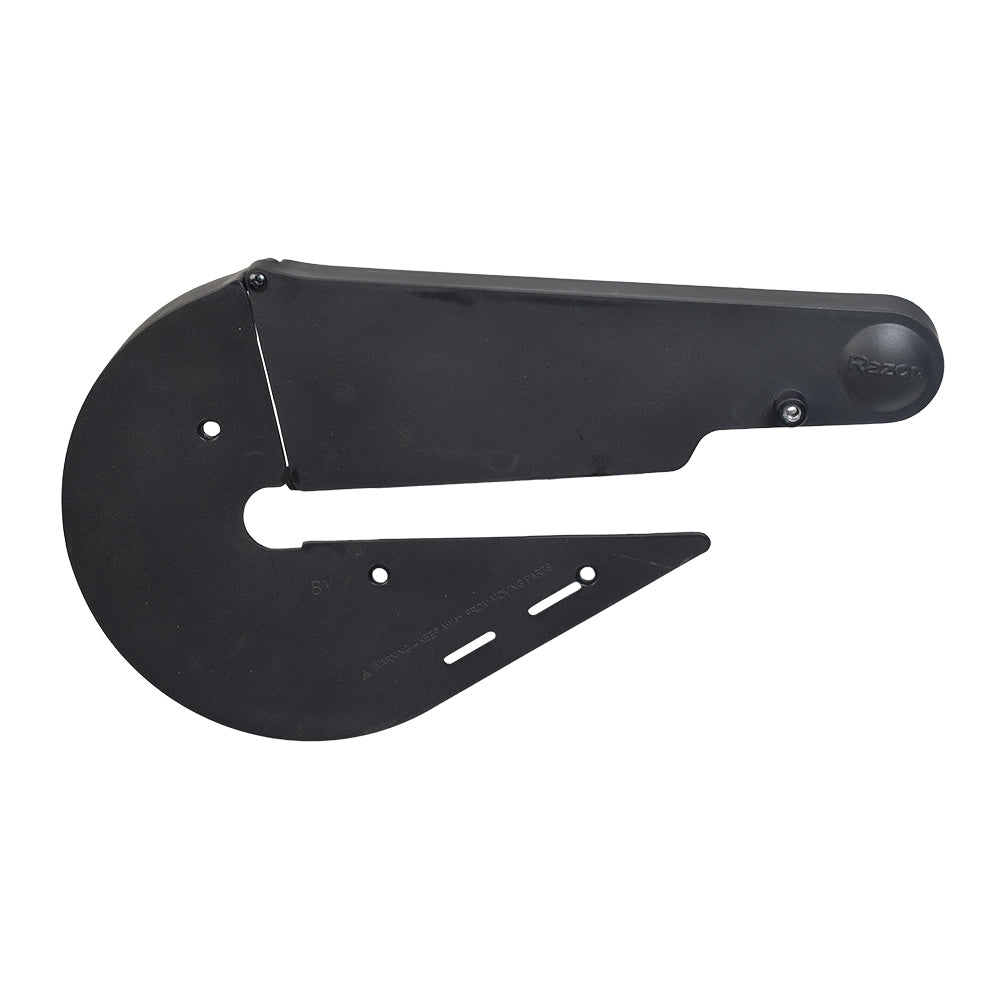 Chain Guard for the Razor MX350 (Versions 23+) & MX400 (Versions 19+), a black metal object with mounting screws designed to protect the chain mechanism on Razor dirt bikes.