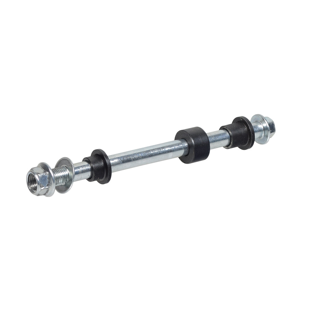 Rear Axle with Hardware for the Razor RSF350 Electric Sport Bike, showcasing a close-up of a metal and black bolt attached to a metal bar. Includes axle bolt, spacers, washer, and flange bolt.