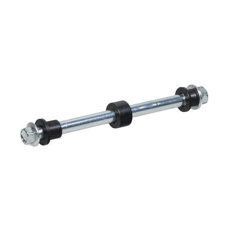 Rear Axle with Hardware for the Razor RSF350 Electric Sport Bike, featuring a close-up of a metal rod with black rubber, showcasing the 7-3/8 axle bolt and associated spacers and flange bolt.