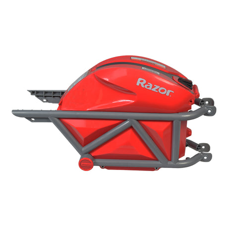 Red Storage Compartment with On/Off Switch for the Razor RSF350, made of red plastic with gray tubing, featuring a Razor logo. Designed to resemble a gas tank, perfect for small items.