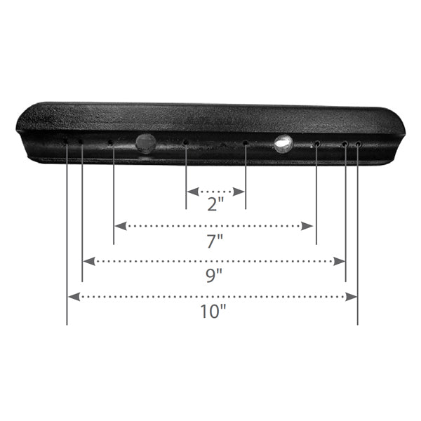 13 Full Length Urethane Armrest Pad (Set of 2) shown with a black rectangular shape, metal surface close-up, and measurements, highlighting eight mounting holes suitable for power chairs and wheelchairs.