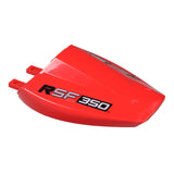 Red Rear Seat Fairing for the Razor RSF350 Electric Sport Bike with visible black and white text, enhancing the bike's sleek appearance by covering the area behind the seat.