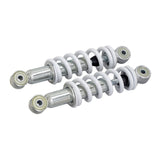 195 mm Adjustable Shocks with 8 mm Eyes for Go-Karts & Mini Bikes (Set of 2) featuring two sturdy metal shock absorbers, showcasing coiled springs and circular metal components designed for enhancing ride safety and performance.