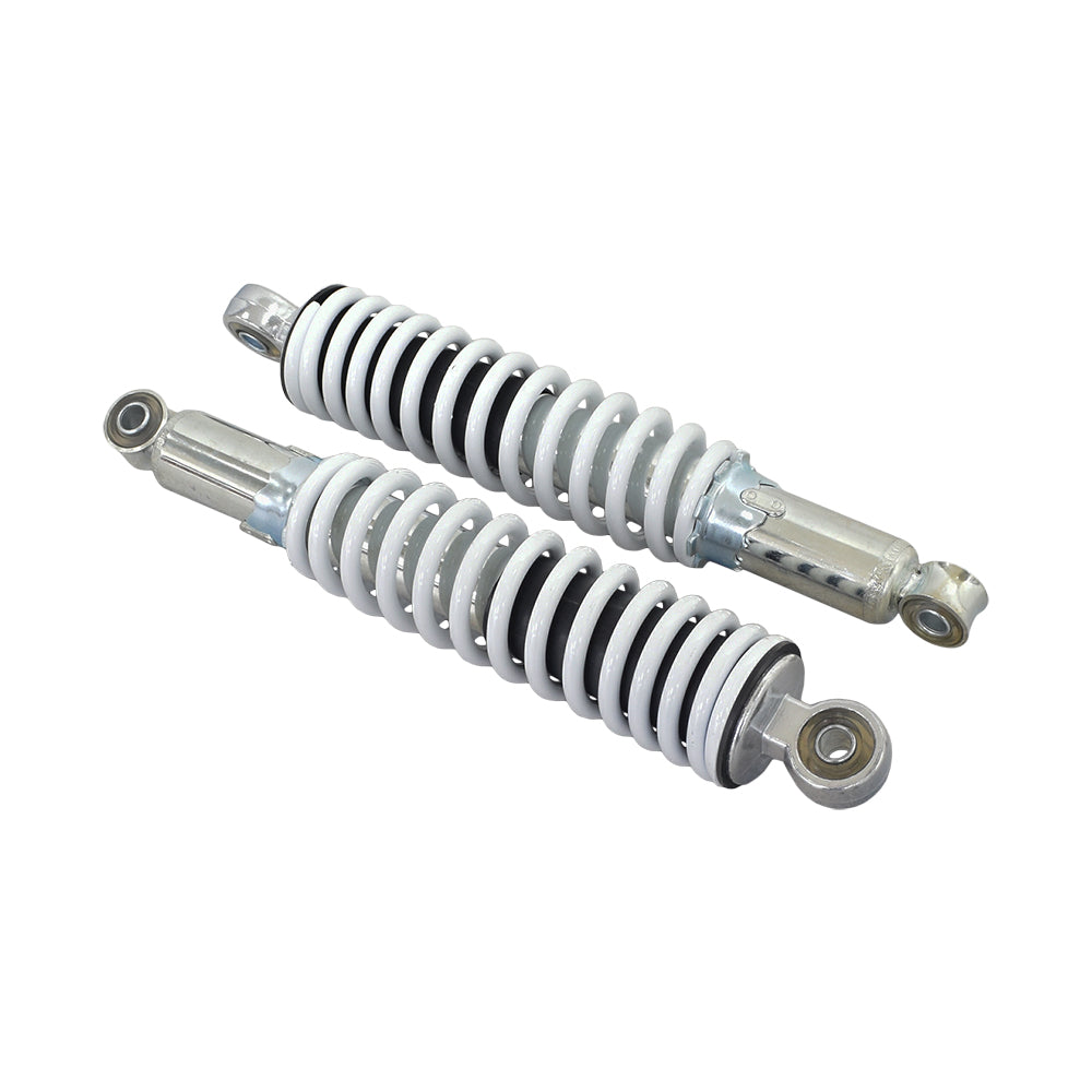 12 Adjustable Shocks for Go-Karts & Mini Bikes (Set of 2) shown with robust metal coils and mounting eyes, emphasizing their durability and compatibility for smoother rides.