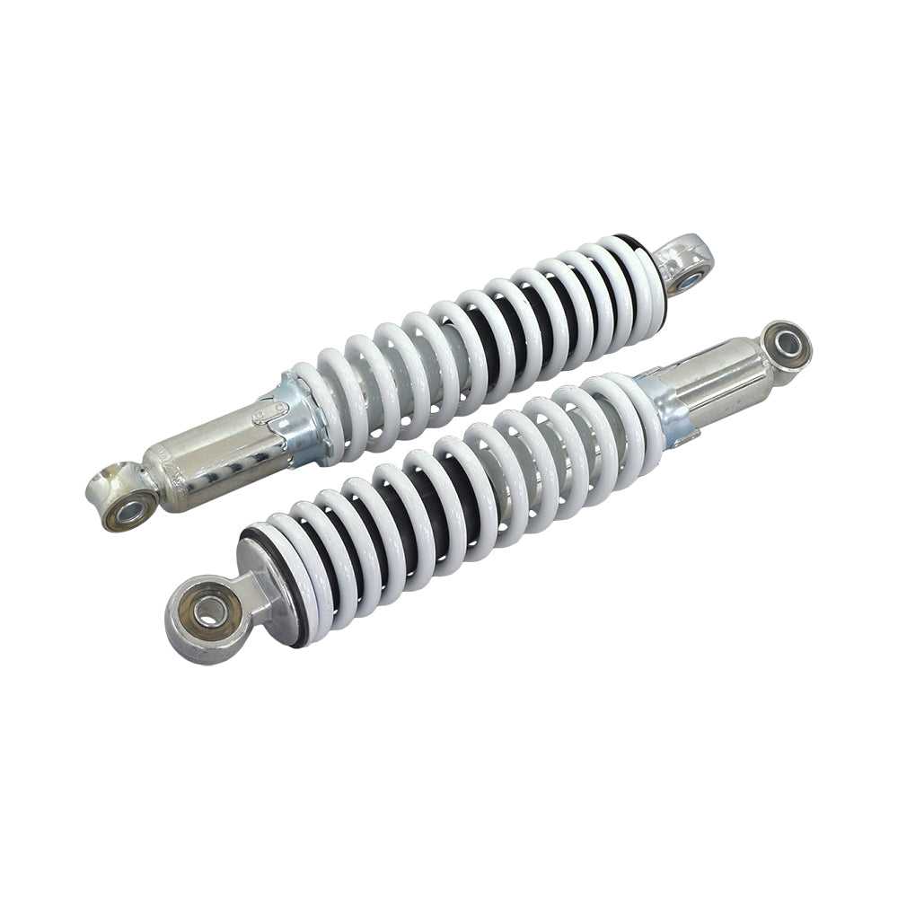 12 Adjustable Shocks for Go-Karts & Mini Bikes (Set of 2) shown as a pair of metal coil springs, designed for smoother rides and preventing damage from worn-out shocks.