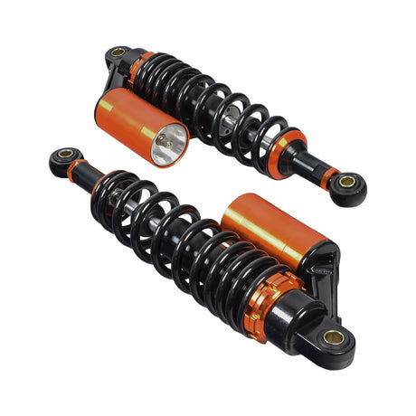 13-1/2 Adjustable Air Shocks for ATVs, Dirt Bikes & Go-Karts (Set of 2) featuring a robust black case with orange highlights and coil springs, ideal for enhancing ride quality and customization.