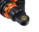 Close-up of 13-1/2 Adjustable Air Shocks for ATVs, Dirt Bikes & Go-Karts (Set of 2), featuring a black case with orange highlights, designed to enhance ride quality and customization.