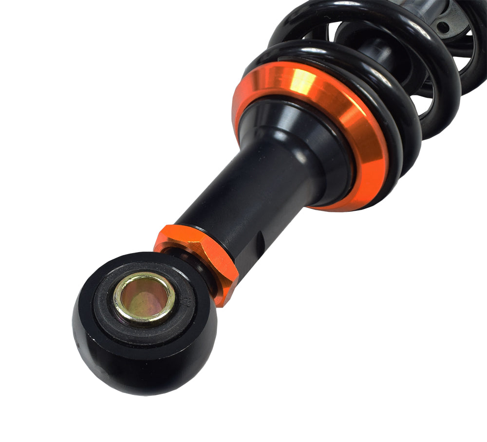 13-1/2 Adjustable Air Shocks for ATVs, Dirt Bikes & Go-Karts (Set of 2), featuring a robust black case with orange highlights, designed to enhance ride quality and adaptability.