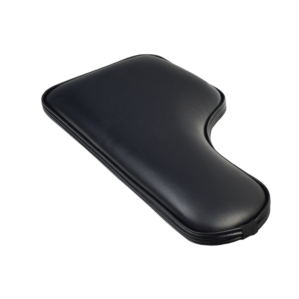 Universal Padded Black Vinyl Half-Lap Flip-Up Tray for Wheelchairs, shown mounted on a padded armrest. The black case fits securely, providing a convenient, easy-to-attach accessory for enhanced wheelchair functionality.