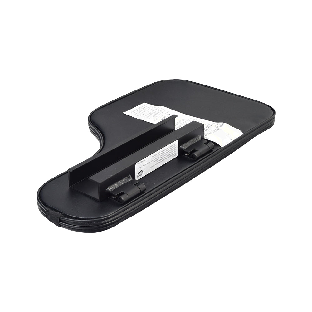 Universal Padded Black Vinyl Half-Lap Flip-Up Tray for Wheelchairs, featuring a black case with a white label and a sturdy black handle, designed to attach easily onto standard padded armrests.