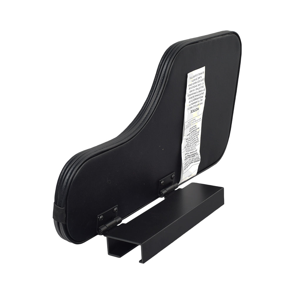 Universal Padded Black Vinyl Half-Lap Flip-Up Tray for Wheelchairs, featuring a black case with a white label, designed to fit standard padded armrests. Includes a close-up of the hinge and attachment mechanism.