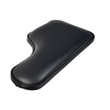 Universal Padded Black Vinyl Half-Lap Flip-Up Tray for Wheelchairs, shown attached to a standard-sized padded armrest, demonstrating its easy slide-on installation and convenient flip-up design.